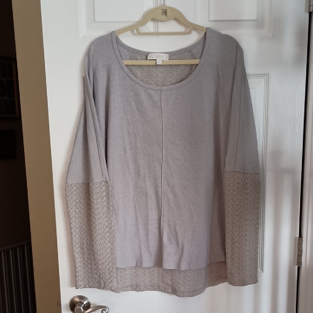 Weekend Suzanne Betro Boho Crochet Detail Size 3X Grey Waffle Knit Shirt (a100)